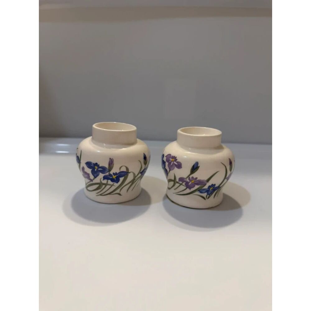Vintage Hand Painted Purple Iris Ceramic Candle Holders Set of 2